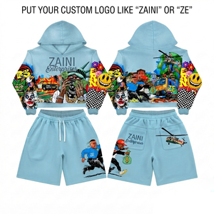 Mens Hoodie Short Set 320 GSM Cotton Polyester Fleece Custom Logo Sublimation Graphic Print <b>Light</b> Blue Contrast <b>Panels</b> - Product Image 1