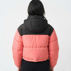 Women's Quilted <b>Cropped</b> <b>Puffer</b> <b>Jacket</b> Block Color Hooded Zipper Front Logo Winter Warm Short Length Full Sleeve - Product Image 2