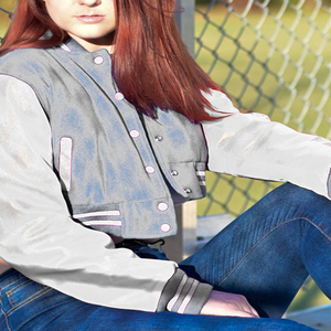 Womens Varsity Crop <b>Jacket</b> Grey <b>White</b> Letterman Style Bomber Coat Faux Leather Sleeves Casual Outerwear Ladies Fashion - Product Image 3