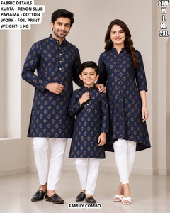 Ensemble Kurta Kurti Traditionnel Bleu Marine Brodé Bandhani à Séchage Rapide Longueur Ras du Sol Coupe Classique pour Diwali Inde – Pack Familial - Product Image 1
