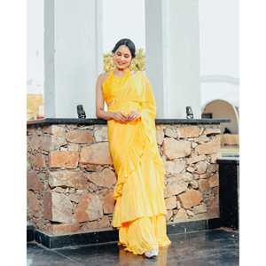 Sari Sharara tendance ethnique indien en viscose et mousseline, coupe trapèze, taille naturelle, pour festivals et mariages, jaune - Product Image 1