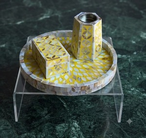 Yellow Mop <b>Mosaic</b> Eco-Friendly Antique Imitation Candle Holder Set Natural Craft Tray and <b>Vase</b> Decor for Home Wedding Table - Product Image 1