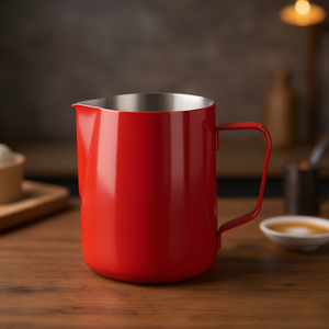 Lattiera per schiumare il latte in acciaio inossidabile rosso con manico ergonomico per baristi - Product Image 3