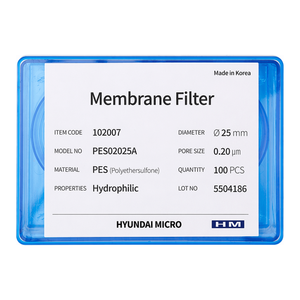 แผ่นกรองเมมเบรนสำหรับกรองของเหลวในน้ำ ขนาด 25 มม. 0.20 ไมครอน แบบ Hydrophilic สำหรับใช้กับหลอดฉีดยาในห้องปฏิบัติการ โดย Hyundai Micro PES - Product Image 2