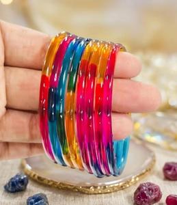 Ensembles de bracelets en verre Jelly Bangles pour femmes, style élégant, fabrication artisanale indienne, bijoux Churiyan, plaqué argent, tendance mariage, géométrique - Product Image 3