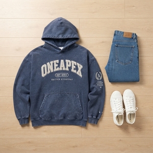 Herren Blauer Gewaschener Vintage-Hoodie Übergroßer Pullover Sweatshirt Grafik-Streetwear Fleece-Kapuzenpullover Maßgefertigte OEM-Kleidung - Product Image 4