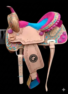 A.T. INTERNATIONAL Silla de montar western de cuero con incrustaciones de madera rosa y turquesa y herrajes de latón - Product Image 2