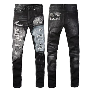 High Street Wind AM Embroidered <b>Jeans</b> Men's Ripped <b>Elastic</b> Slim Legs Men Denim <b>Jeans</b> Casual Distressed Streetwear Washed <b>Jeans</b> - Product Image 2