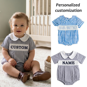 Combinaison personnalisée pour bébé garçon avec <span class=keywords><strong>nom</strong></span> et motif frère, salopette à carreaux avec col Peter Pan pour nouveau-né et nourrisson - Product Image 1