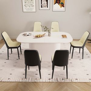 Tavolo da Pranzo in Stile Moderno Medievale da 63 Pollici in MDF Color Crema con Set di Sedie da Pranzo in PU, Piano Assemblabile e Gambe in Metallo Nero - Product Image 1