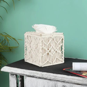 Caja de pañuelos de macramé estilo bohemio de 6x6 pulgadas, cubierta de cuerda de algodón, soporte decorativo para pañuelos, funda para servilletas hecha a mano con forma de cubo para el hogar y la oficina - Product Image 6