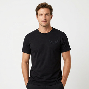 T-shirt à manches courtes pour homme, noir, avec logo brodé en forme d'aile, coupe classique, col rond, jersey décontracté en coton - Product Image 6