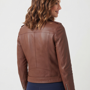 Chaquetas de Motociclista de Cuero Genuino para Mujer, Manga Larga, Cuello Camisero, Cierre de Cremallera, Chaqueta de Cuero Estilo Biker para Damas - Product Image 6