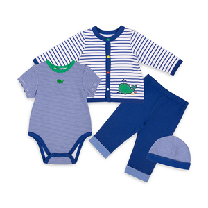 Ensemble bébé garçon 4 pièces rayé bleu et blanc personnalisé avec broderie de baleine et chapeau 100% coton biologique Fournisseur OEM Cambodge - Product Image 1
