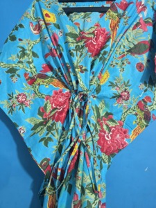 Vestido Kaftán Ecológico 100% Algodón de la India para Mujer, Cintura Natural, Estampado de Pájaros Turquesa, Suave, Holgado, Verano, Cierre Elástico en la Cintura - Product Image 4