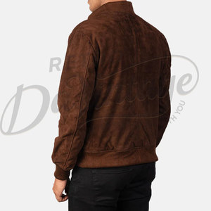 Chaqueta bomber de gamuza marrón oscuro para hombre, piel de oveja auténtica, corte ajustado, informal, estilo motociclista, con cremallera y puños acanalados. - Product Image 4