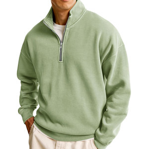 Men's Green Quarter <b>Zip</b> Fleece Sweatshirt Regular Fit Stand Collar Casual Autumn Wear - Product Image 1