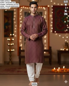Nawab Classic Jacquard <b>Silk</b> Men's Floor-Length Traditional Pathani Set for Diwali & Wedding - Product Image 6