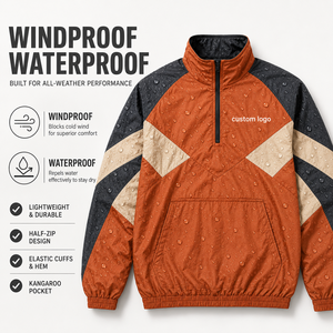 เสื้อแจ็คเก็ต Anorak แบบซิปครึ่งตัว สกรีนโลโก้ได้ ไม่มีขั้นต่ำสั่งซื้อ กันน้ำ กันลม เสื้อกันลมแบบสวมหัว มีกระเป๋าจิงโจ้  แบบ Colorblock สำหรับผู้ชาย - Product Image 1