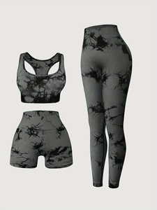 Gray Tie Dye Seamless Yoga Set Racerback Crop Top High Waist <b>Leggings</b> Shorts Workout <b>Activewear</b> - Product Image 1