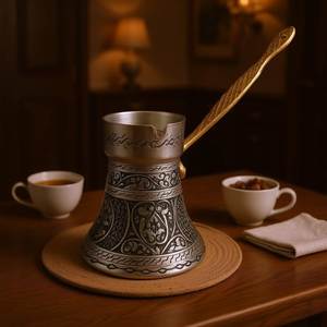 Cafetière turque en cuivre Cezve Ibrik de forme ronde avec longue poignée, design oriental traditionnel - Product Image 6