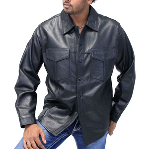 Men's Black Leather Long Sleeve <b>Button</b> Down <b>Shirt</b> leather Solid Color Turn-down Collar Full Sleeve Autumn Wear - Product Image 1