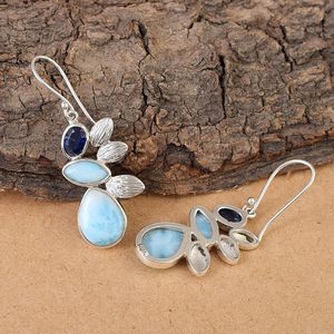 Flower Shape Drop <b>Earrings</b> With Sapphire And Larimar Gemstone In <b>Solid</b> 925 Sterling <b>Silver</b> Bezel Setting For Women Bohemia Style - Product Image 3