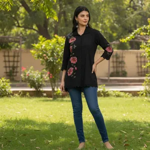<b>Womens</b> <b>Black</b> Floral Embroidered <b>Shirt</b> Blouse Button Front Three Quarter Sleeve Scalloped Hem Relaxed Fit Casual Fashion Top - Product Image 3
