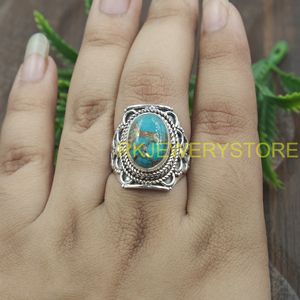 Blue Copper Turquoise <b>Ring</b> 925 Sterling Silver Handmade Vintage Boho <b>Statement</b> <b>Ring</b> Oval Cabochon Gemstone Jewelry Women Men - Product Image 3