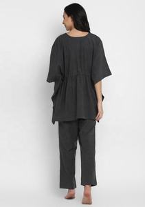 Pijama caftán gris sólido transpirable 100% algodón Natural hasta el suelo acogedor fines de semana elástico liso teñido ecológico lavable - Product Image 4