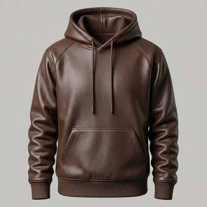 Sudadera con Capucha de Cuero Marrón para Hombre, Corte Regular, Estilo Casual Urbano, Color Sólido, Manga Larga, para Otoño - Product Image 1