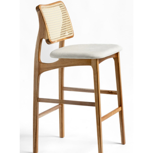 Chaise de bar en teck avec dossier en rotin et assise en mousse confortable - Product Image 1