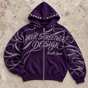 Custom Rhinestone Zip Up <b>Hoodie</b> Full Sleeve Custom Graphic Design <b>Oversized</b> Heavyweight <b>Fleece</b> Streetwear Hoodies Wholesale - Product Image 2