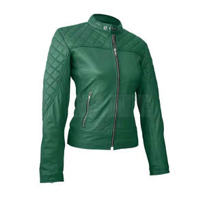 Blouson moto en cuir PU vert pour femme, col montant, manches longues, matelassé, fermeture éclair, idéal pour l'automne - Product Image 6
