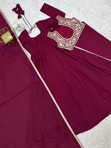 Women Rayon Embroidered Anarkali Suit Dupatta Set Maroon Floral Border Party <b>Wedding</b> Outfit For Women Wear - Product Image 5