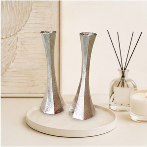 <b>Silver</b> Taper Candle Holder Set of 2 Modern Hammered Metal <b>Candlestick</b> Stand for Wedding Centerpieces and Hotel Table Decor - Product Image 4