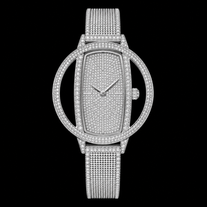 Montre de luxe sertie de diamants, boîtier ovale en acier inoxydable argenté, bracelet en maille, montre-bracelet à quartz pour homme et femme, de qualité supérieure - Product Image 1