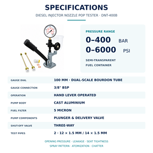 Probador de inyectores diésel con manómetro de doble escala de 400 bar y 6000 PSI, válvula de entrega de émbolo y tuberías de prueba - Product Image 4