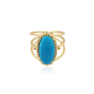 Natural blue turquoise oval <b>adjustable</b> <b>ring</b> handmade gold plated bezel setting gemstone open band statement jewelry for women - Product Image 1