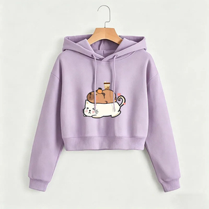 Women's Black Hoodie Cartoon <b>Cat</b> Coffee Print Cotton Knitted Casual Autumn Style Front Logo Short Length Regular Sleeve - Product Image 3