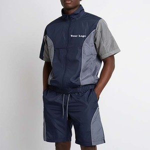 Ensemble de vêtements d'extérieur décontractés et sportifs pour hommes, bleu marine et gris, tissé, avec logo imprimé par transfert thermique sur le devant, respirant, séchage rapide, pour l'automne - Product Image 1