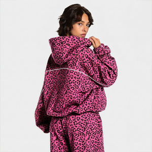 Womens Fashion <b>Pink</b> Leopard Print Contrastline <b>Tracksuit</b> Fleece Hoodie Wide Leg Jogger Set Oversized Casual Streetwear Two Piece - Product Image 4