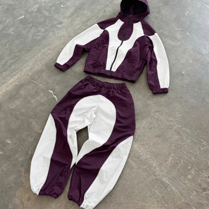 Unique Color Blocking Tracksuit Hooded Zipper Full Sleeve Loose Fit Sporty Style Adult Unisex Spring Lightweight Nylon Set - Product Image 2