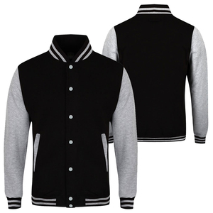 Veste varsity personnalisée noire et grise, style letterman, corps en laine, manches contrastées, style bomber, vêtement décontracté imprimé. - Product Image 2