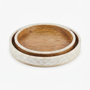 Handmade <b>Round</b> Mango Wood Nesting Serving <b>Tray</b> Set With White Decorative Eco Friendly Coffee <b>Table</b> Platter For Home Decor - Product Image 1