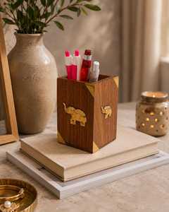 Organisateur de bureau en bois, forme rectangulaire, avec motif éléphant, support de rangement fait main pour usage au bureau, type sur pied, à un seul niveau - Product Image 6