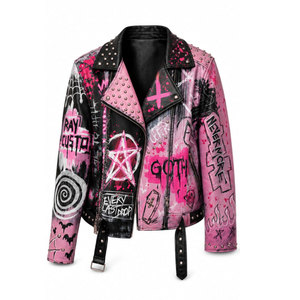 Men's Punk Leather Motorcycle <b>Jacket</b> With Rainbow Patches And Spikes Turn-down Collar Zipper Closure Autumn Wear - Product Image 5