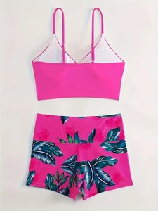 Conjunto de bikini con estampado tropical rosa para mujer, cuello en V profundo, pantalones cortos con lazo en la parte delantera, traje de baño elástico para la playa - Product Image 3