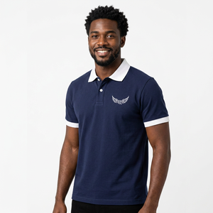 Chemise à manches courtes bleu marine pour homme, col blanc, poignets unis, tissu popeline tricoté décontracté, respirant, 100% coton - Product Image 5
