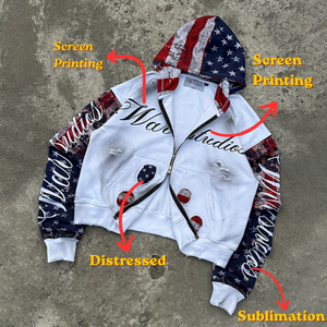 เสื้อฮู้ดซิปแบบมีซิปเต็มตัว ยี่ห้อ Manufacturer American Sleeves รุ่น Custom Distressed สำหรับผู้ชายและผู้หญิง ผ้า French Terry ปักลายสไตล์ Y2K สตรีทแวร์ - Product Image 2